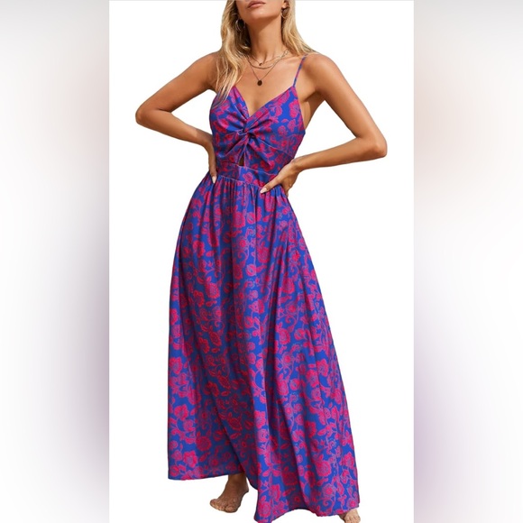 Cupshe Dresses & Skirts - NWOT- CUPSHE Women's Maxi Dress Floral Print Twisted V Neck Blue Floral- Size L